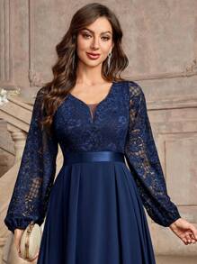 MIUSOL Elegant Floral Lace Deep V-Neck Lantern Sleeve Pleated Hem Evening Party Long Dress Wedding Spring - Navy Blue - View 9