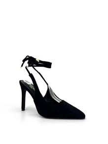 RevReaL REVREAL Women's Pointed Toe Black Suede Stiletto Heels With Ankle Wrap Tie Stylish High Heels