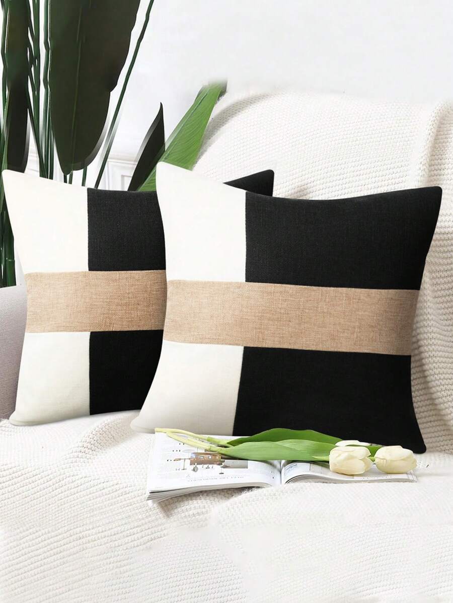 Vỏ gối khâu đơn giản, Vỏ gối hộp vải trơn màu, Thích hợp trang trí cho ghế sofa, phòng khách và phòng ngủ (Không bao gồm lõi gối) - đen và trắng - Xem 1