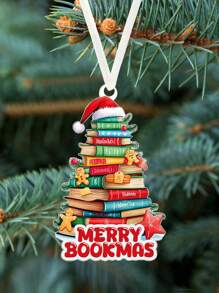 1pc Merry Bookmas Acrylic Hanging Decor - Library Book Pile, Santa Hat, Gingerbread Man, Tree Shape, Window Hanging Decoration, Decoration Gift For Book Lovers