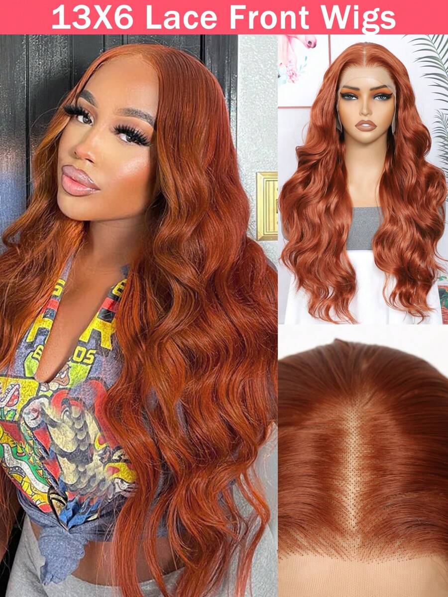 合成耐热 13x6 长波浪发 预拔发际线 合成高清蕾丝前假发 24 英寸黑色合成头发 每根自然发际线 日常使用 高品质 适合女孩 女性角色扮演 自然外观 优质合成柔软假发 圣诞新年狂欢节音乐节使用 - 鏽棕色 - 查看 1