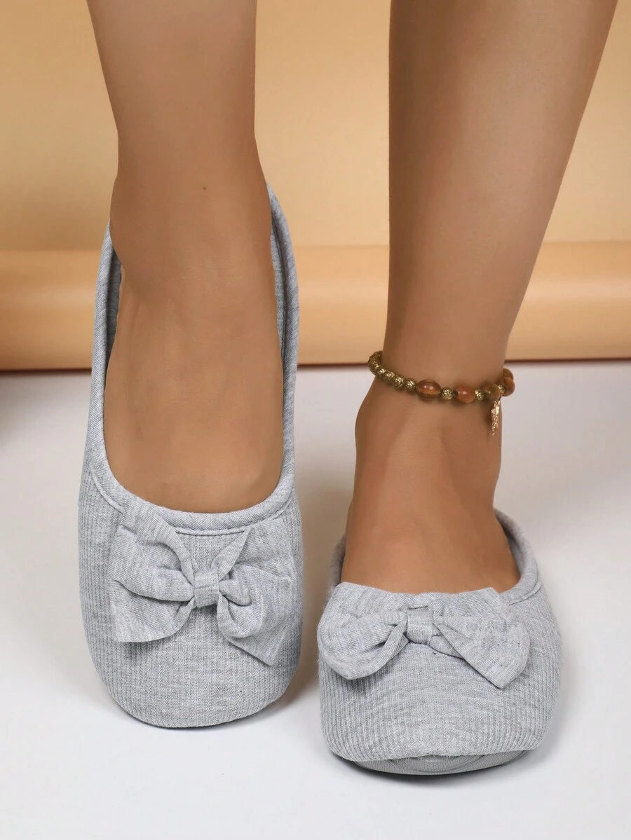 可爱的蝴蝶结布艺拖鞋，静音防滑室内拖鞋 - 灰色 - 查看 1