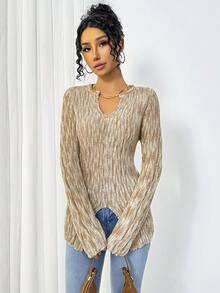 休闲花卉印花长袖锁眼领套头衫 - 卡其色 - 查看 3