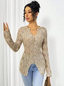 休闲花卉印花长袖锁眼领套头衫 - 卡其色 - 查看 6