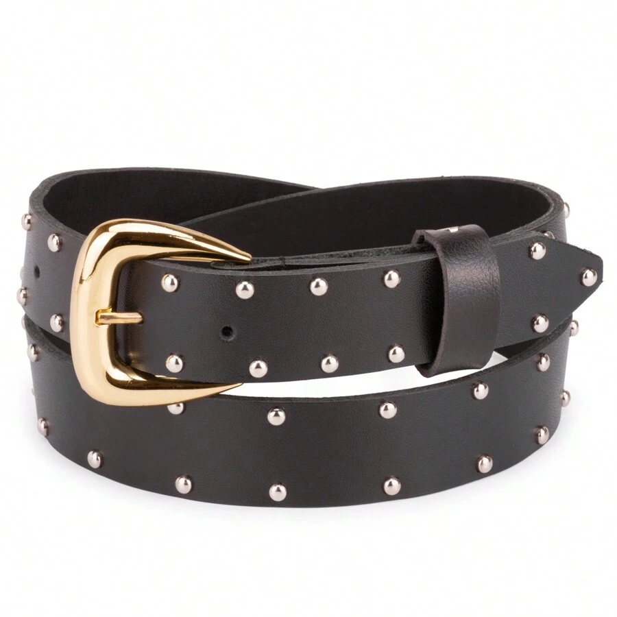 Women's Belt In Fine Leather With Studs In Various Colors - 黑色 - 查看 1