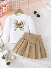 Conjunto casual de 2 piezas para niña con camiseta de manga larga con estampado de moño y falda corta fruncida con decoración de botones, adecuado para primavera y otoño - Caqui - Ver 3
