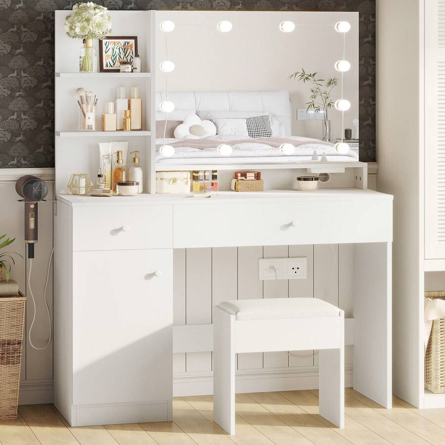 Vanity Desk With LED Lighted Mirror & Power Outlet, Makeup Vanity Set
