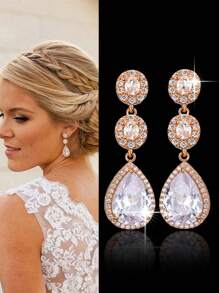 一对奢华新娘立方氧化锆水滴形吊坠耳环，适合女士婚纱、日常佩戴，皇家风范。情人节配饰 - A - 查看 17
