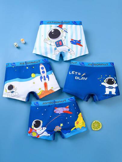 4pcs/Pack Young Boy Breathable Cartoon Astronaut & Space Print Underwear Shorts, Comfortable