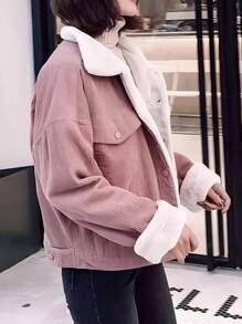 Chaqueta de pana acolchada engrosada de gran tamaño suelta versátil cazadora corta de mujer - Rosa - Ver 3