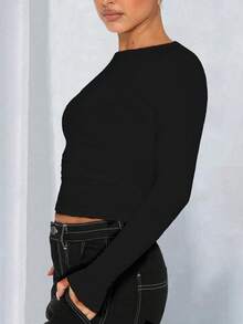 Women's Basic Solid Color Crew Neck Long Sleeve Fitted Cropped T-Shirt, Casual Y2K Chic Style, Spring/Autumn Black - Black - View 4