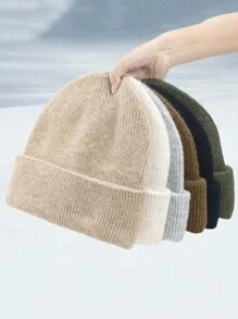 1 Piece Of Autumn And Winter New Candy Color Vertical Stripe Rabbit Fur Solid Color Knitted Hat For Couples, Winter Warm Pullover Woolen Hat For Both Men And Women - A - View 10