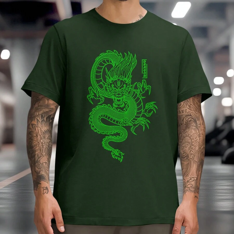 Men's Green Chinese Dragon T-Shirt Asian Green Dragon Round Neck Shirt - màu xanh lá - Xem 1