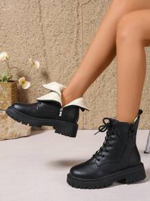 2025 Autunno/Inverno Nuove scarpe da donna, Stivali da donna caldi, Scarpe casual versatili alla moda per donna, Stivaletti in pelle, Stivaletti neri con lacci e cerniera laterale, Stivali classici - nero - Visualizzare 1