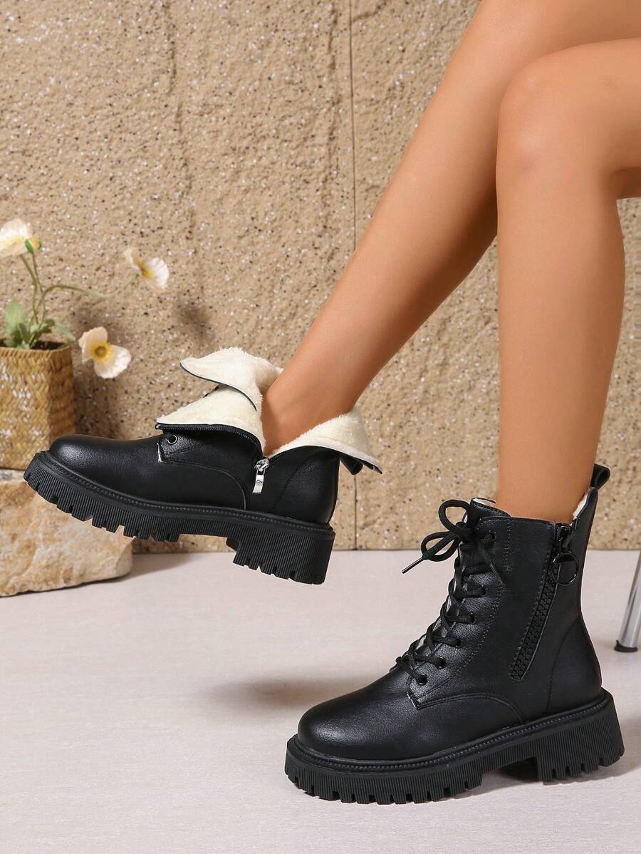 2025 Autunno/Inverno Nuove scarpe da donna, Stivali da donna caldi, Scarpe casual versatili alla moda per donna, Stivaletti in pelle, Stivaletti neri con lacci e cerniera laterale, Stivali classici - nero - Visualizzare 1