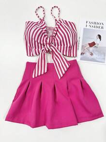 Striped Suit Top With Skirt Pants - 玫紅色 - 查看 1