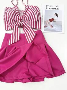 Striped Suit Top With Skirt Pants - 玫紅色 - 查看 3