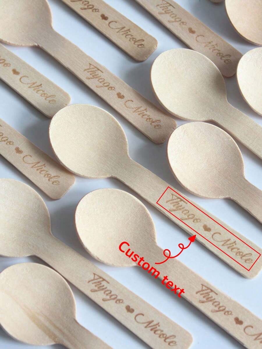100pcs Custom Text/Logo Wooden Spoons, Bamboo Ice Cream & Dessert Spoons, Individual Packaging - Brown - View 1