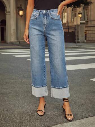 Crop Straight Leg Frayed Hem Jeans For Women