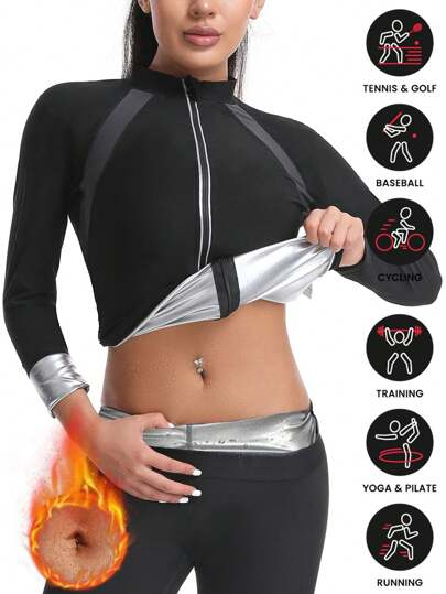 1 件 2025 新款女式户外跑步/健身灰色拼接长袖瑜伽紧身衫，带拉链，桑拿运动服减肥，腰部训练器，适合秋冬季塑身衣，瘦身衬衫，腹部控制塑身衣，腰部收紧胸罩，桑拿运动服，桑拿衬衫，桑拿运动汗塑身衣女士健身房配件腹部瘦身腰带，腰带腹部瘦身束腹带