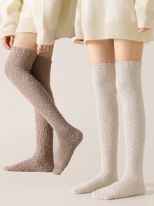 1 双女士纯色柔软毛绒保暖过膝袜，简约款式，适合秋冬季 - 彩色 - 查看 1