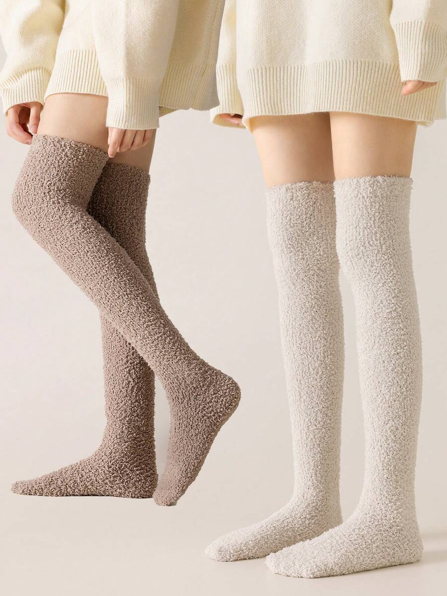 1 双女士纯色柔软毛绒保暖过膝袜，简约款式，适合秋冬季 - 彩色 - 查看 1