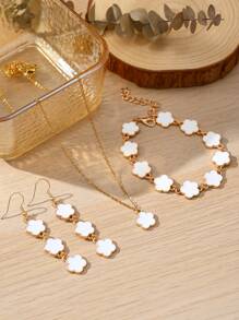 4pcs Color Elegant Sweet Lucky Flower Pendant Earrings, Bracelet, Necklace Jewelry Set, Suitable For Valentine's Day, Friends And Family, Daily Wear For Women,Mom,Mother,Mother's Day,Gift