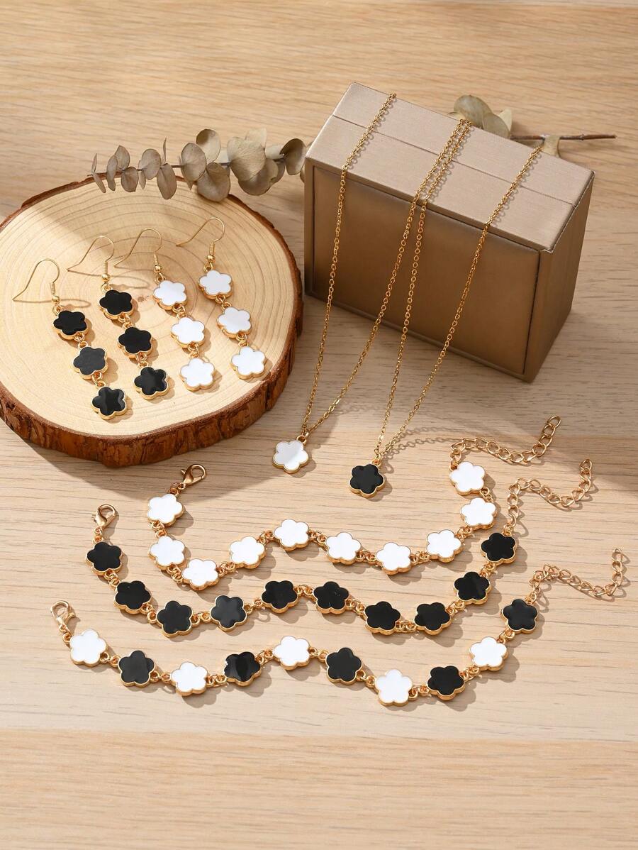 4pcs Color Elegant Sweet Lucky Flower Pendant Earrings, Bracelet, Necklace Jewelry Set, Suitable For Valentine's Day, Friends And Family, Daily Wear For Women,Mom,Mother,Mother's Day,Gift