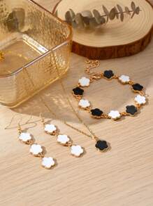 4pcs Color Elegant Sweet Lucky Flower Pendant Earrings, Bracelet, Necklace Jewelry Set, Suitable For Valentine's Day, Friends And Family, Daily Wear For Women,Mom,Mother,Mother's Day,Gift