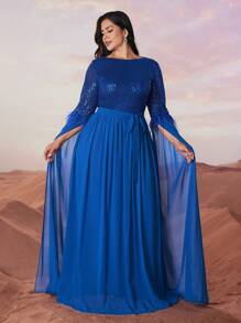 YISIKADO Váy dạ hội dáng dài cỡ lớn có chi tiết sequin, vải chiffon, tay áo dài thêm và thiết kế thắt lưng thanh lịch cho khách dự tiệc cưới trang trọng, dự tiệc tốt nghiệp, tiệc tối - Xanh đậm - Xem 1