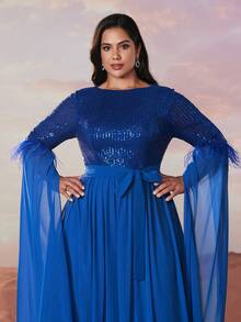 YISIKADO Váy dạ hội dáng dài cỡ lớn có chi tiết sequin, vải chiffon, tay áo dài thêm và thiết kế thắt lưng thanh lịch cho khách dự tiệc cưới trang trọng, dự tiệc tốt nghiệp, tiệc tối - Xanh đậm - Xem 6