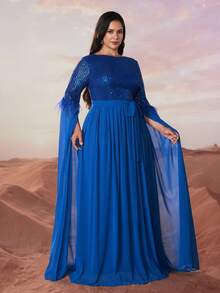 YISIKADO Váy dạ hội dáng dài cỡ lớn có chi tiết sequin, vải chiffon, tay áo dài thêm và thiết kế thắt lưng thanh lịch cho khách dự tiệc cưới trang trọng, dự tiệc tốt nghiệp, tiệc tối - Xanh đậm - Xem 3