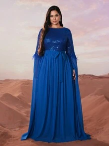 YISIKADO Váy dạ hội dáng dài cỡ lớn có chi tiết sequin, vải chiffon, tay áo dài thêm và thiết kế thắt lưng thanh lịch cho khách dự tiệc cưới trang trọng, dự tiệc tốt nghiệp, tiệc tối - Xanh đậm - Xem 4