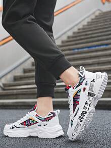 Giày thể thao đế dày mũi tròn in họa tiết graffiti ngẫu nhiên thời trang nam, thoải mái và nhẹ cho các môn thể thao ngoài trời và chạy bộ, phù hợp với thanh thiếu niên - Trắng và vàng - Xem 7