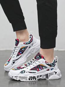 Giày thể thao đế dày mũi tròn in họa tiết graffiti ngẫu nhiên thời trang nam, thoải mái và nhẹ cho các môn thể thao ngoài trời và chạy bộ, phù hợp với thanh thiếu niên - Trắng và vàng - Xem 10
