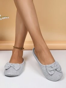 可爱的蝴蝶结布艺拖鞋，静音防滑室内拖鞋 - 灰色 - 查看 4