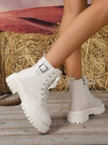 2026秋冬新款女鞋，保暖冬靴，时尚百搭休闲女鞋，真皮踝靴，黑白系带侧拉链短靴，平底女靴，女士踝靴和短靴，时尚女靴 - 白色 - 查看 4