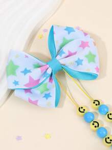 1pc Blue Star Print Bow Hair Clips With Long Ball Tassels,Cute Fabric Hairpin For Daily Wear,Perfect Gift For Kids Hair Accessories