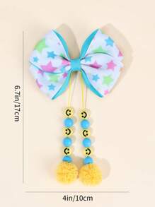 1pc Blue Star Print Bow Hair Clips With Long Ball Tassels,Cute Fabric Hairpin For Daily Wear,Perfect Gift For Kids Hair Accessories