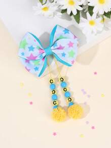 1pc Blue Star Print Bow Hair Clips With Long Ball Tassels,Cute Fabric Hairpin For Daily Wear,Perfect Gift For Kids Hair Accessories