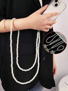 1 chiếc Dây đeo điện thoại kiểu ngọc trai tự làm thanh lịch, Dây đeo cổ tay bằng hạt thủ công, Dây đeo điện thoại chống mất chống rơi đa năng - trắng - Xem 2