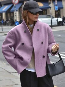 Áo khoác Châu Âu và Hoa Kỳ cho mùa thu đông công sở thường ngày trở lại trường dành cho phụ nữ, áo khoác len hai hàng khuy cổ điển màu trơn mới cho mùa thu, quần áo nữ, quần áo đi làm mùa đông cổ chữ V dành cho phụ nữ - Màu tím - Xem 2