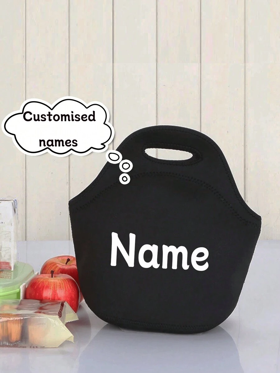 文字印刷可定制文字手提袋，纯色氯丁橡胶午餐袋，加厚隔热便当袋，洗漱包，户外野餐袋，母亲节礼品袋，适合毕业生、少女、大学新生、大二学生、大三学生和高中生，非常适合户外活动、旅行和返校返校毕业礼物，适合教师女士午餐盒袋 - 黑色 - 查看 1
