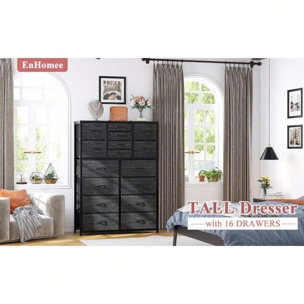 Furniture Tall Dresser WoodenTop And Sturdy Metal Frame. 16Drawer