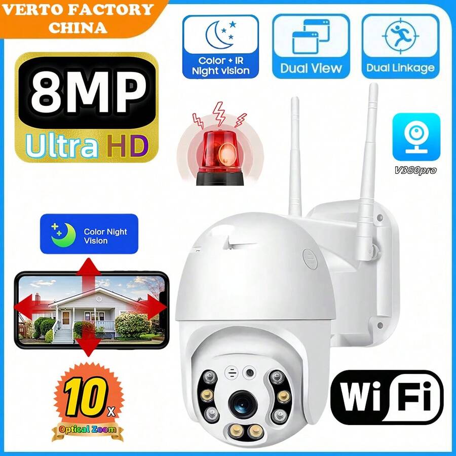V380PRO 4K 8MP 高清无线 PTZ 家庭安全摄像头 室外/室内 带泛光灯（AI 自动跟踪目标、监控、C6S2）自动跟踪、自动泛光灯、增强型双向音频、威慑保护和云存储/SD 卡、IP66