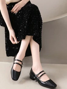 时尚性感潮流百搭舒适漂亮低价防滑高跟鞋，户外乡村度假厚底粗跟方头女鞋，银色高跟鞋 - 黑色 - 查看 2