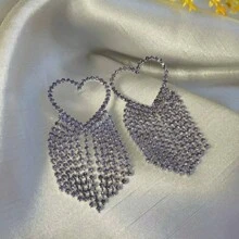 Large Heart Earring With Rhinestones Silver Plated - Purple - View 2