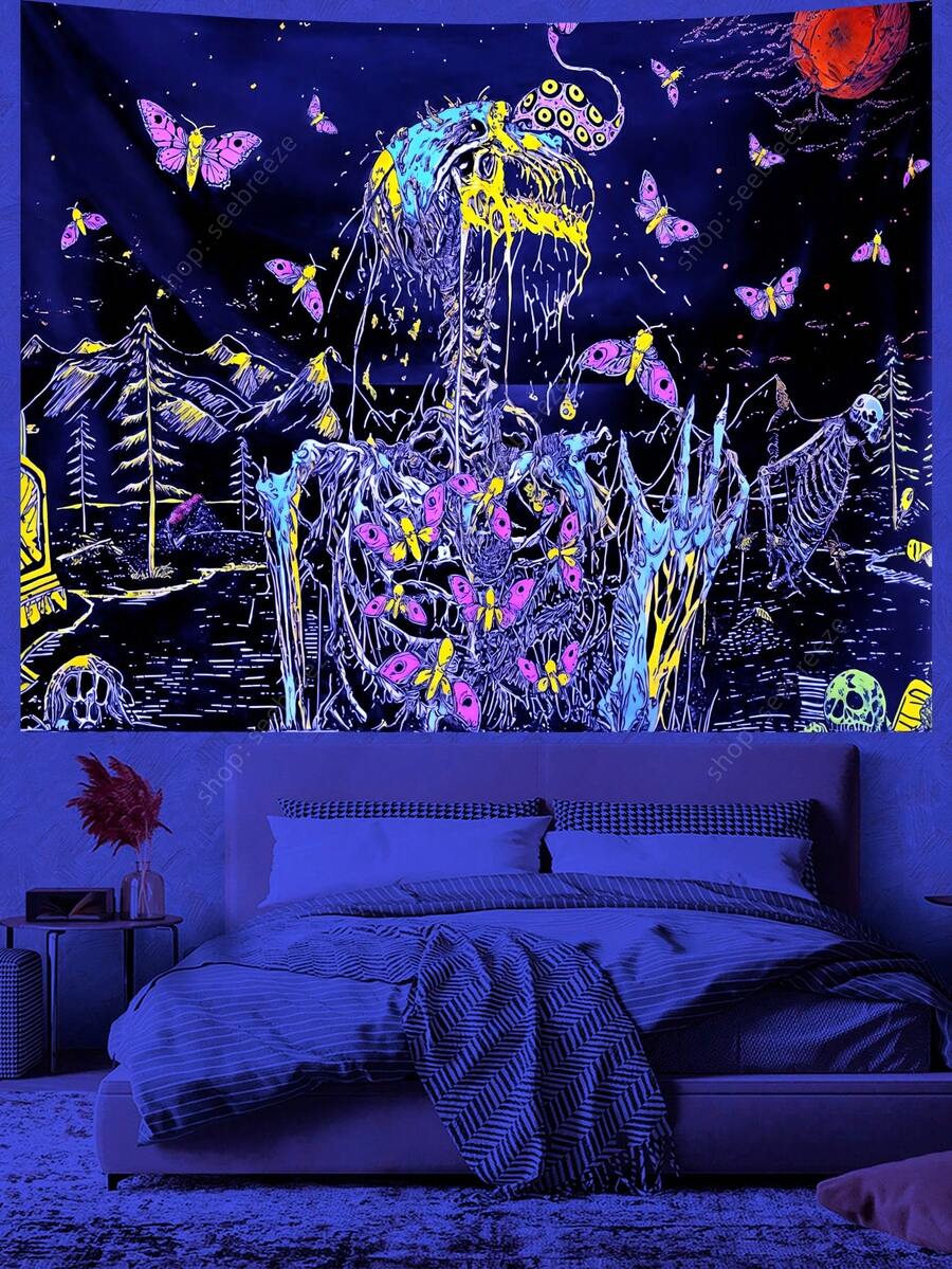 Thảm treo tường phản ứng tia UV hình đầu lâu Hippie Skeleton Butterfly dùng để trang trí phòng thẩm mỹ Mandala lớn Thảm treo tường phù thủy Boho, trang trí nhà cửa, cờ cho phòng - Nhiều màu - Xem 1