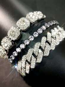 3pcs Set Fashionable Sparkling Crystal Cuban Link Chain Bracelet For Women Men, Thick Hip Hop Ice Chain Jewelry, Ideal For Valentine's Day, Holiday Party Gifts