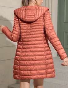 Women's Puffer Jacket Quilted Lightweight Padding Hood Packable Bubble Coat - Orange - View 3